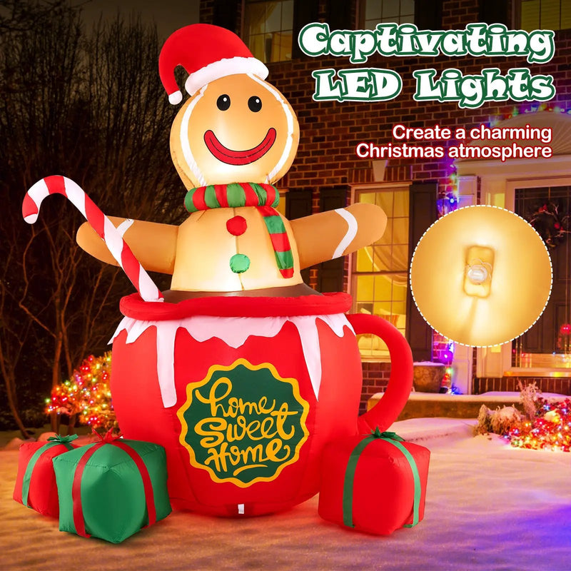 7 Feet Inflatable Gingerbread Man in Hot Cocoa Mug with Built-in LED Lights and Gift Boxes by DirectDeals