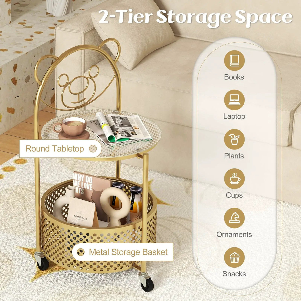 Modern Sofa Side Table on Lockable Wheels for Living Room Bedroom Study, photo 8 of 9