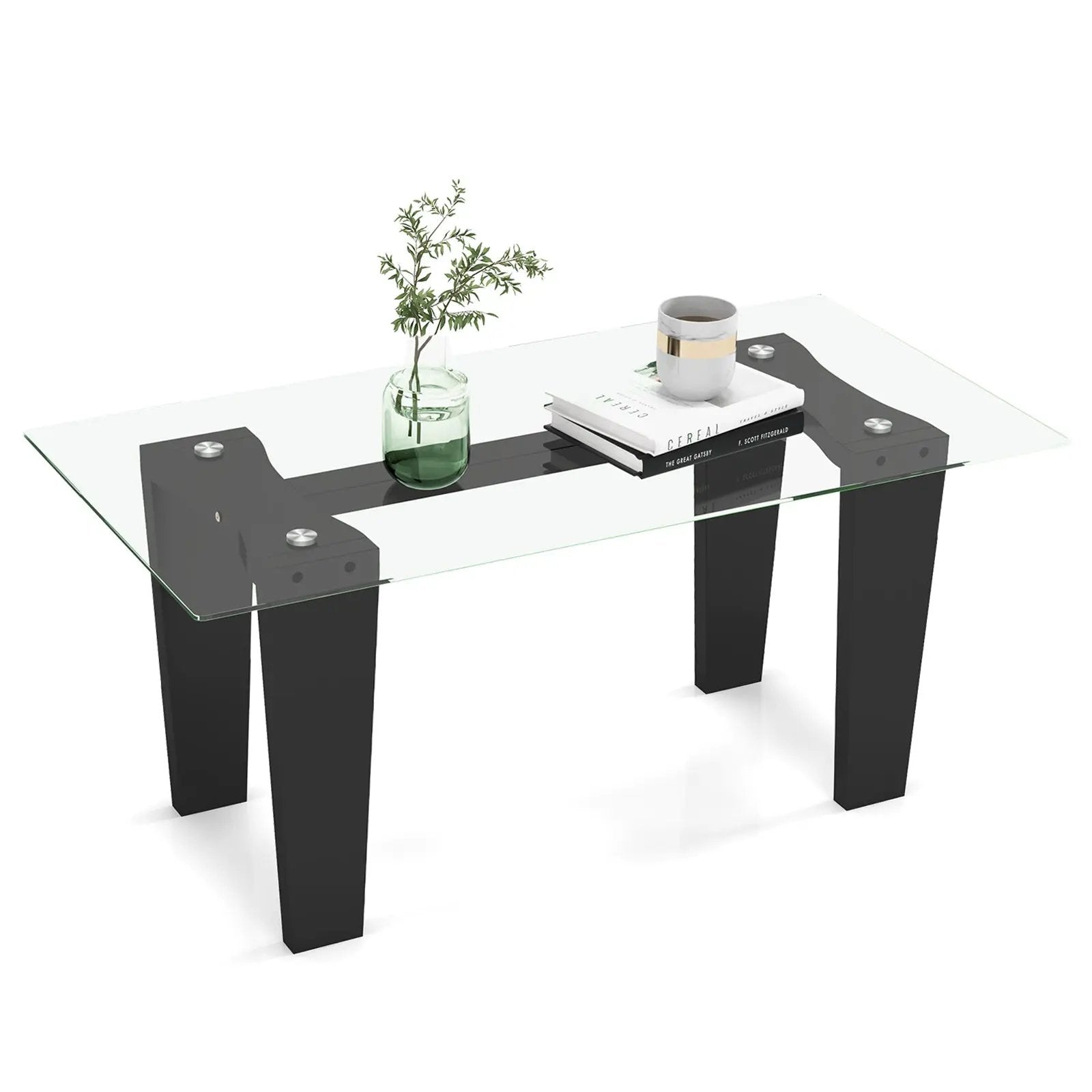 39.5 Inch Glass Coffee Table Modern Rectangular Center Table with Solid Rubber Wood Legs-Black by DirectDeals
