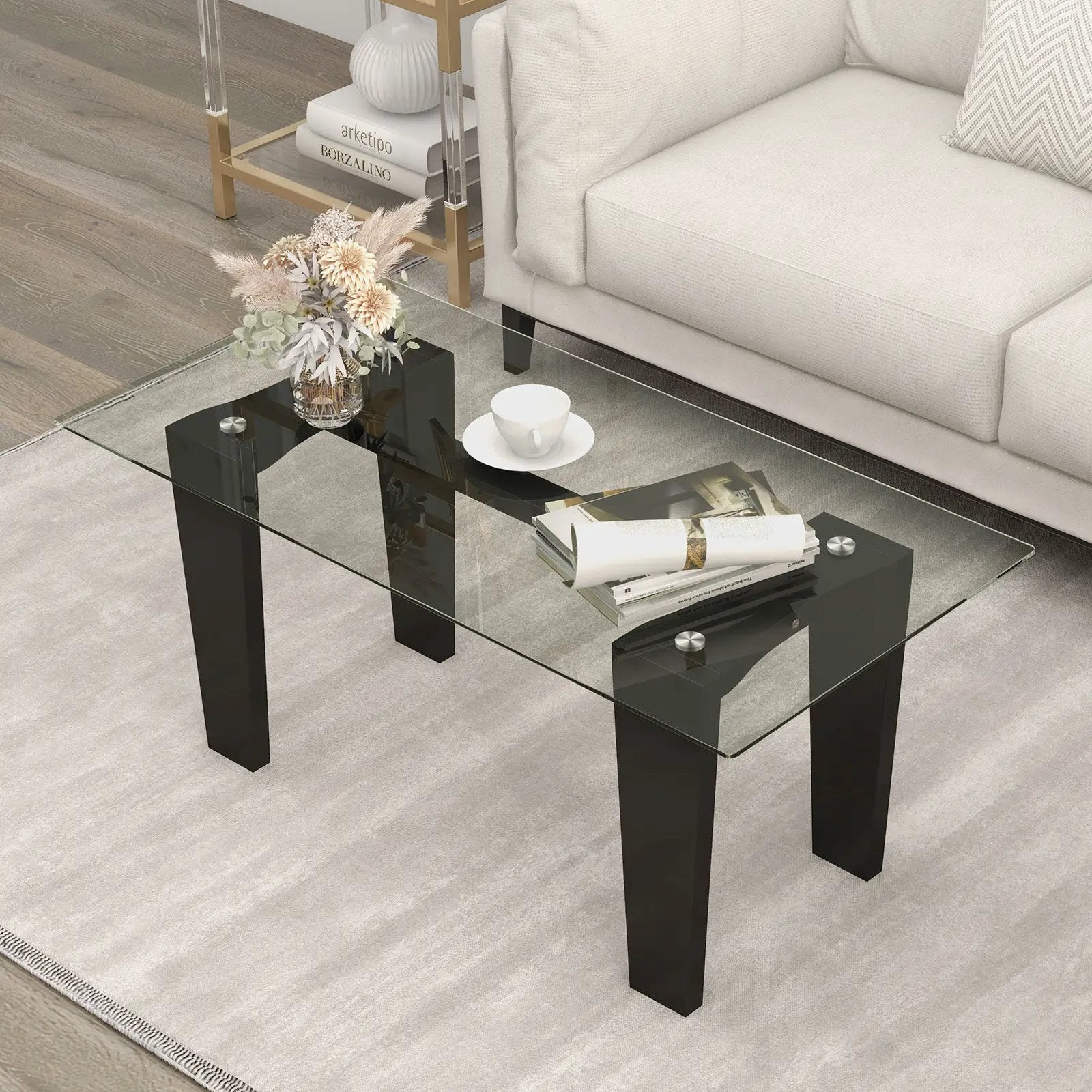 39.5 Inch Glass Coffee Table Modern Rectangular Center Table with Solid Rubber Wood Legs-Black by DirectDeals