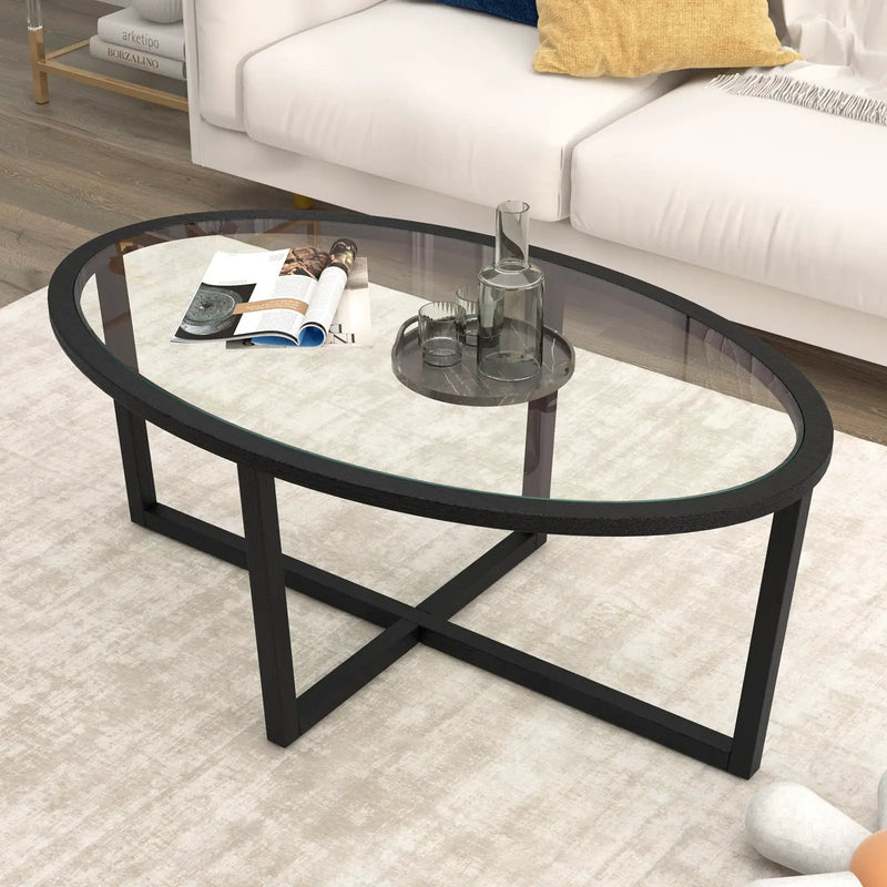 Glass Coffee Table Oval Living Room Table with Cross Base and Acacia Wood Legs-Black by DirectDeals