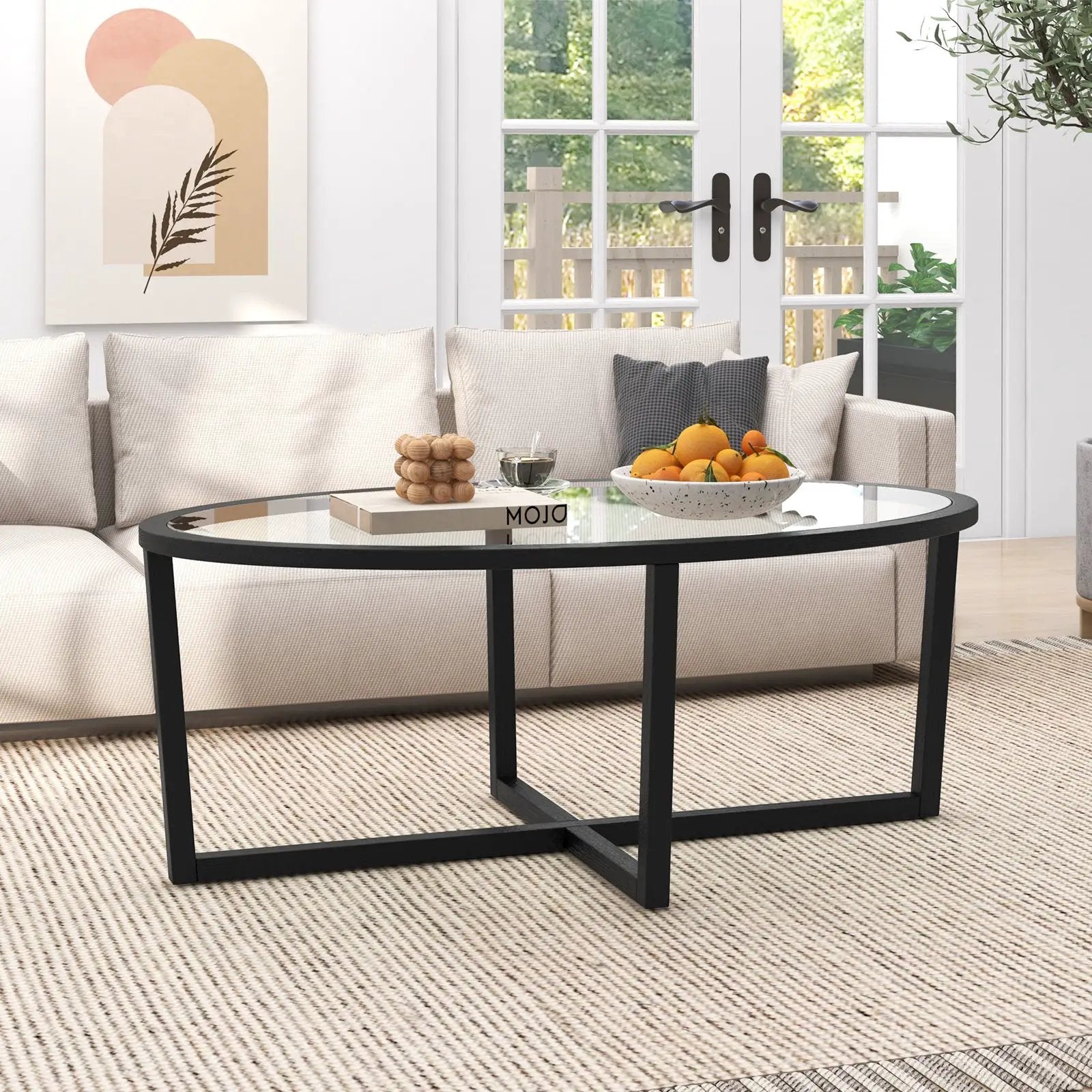 Glass Coffee Table Oval Living Room Table with Cross Base and Acacia Wood Legs-Black by DirectDeals