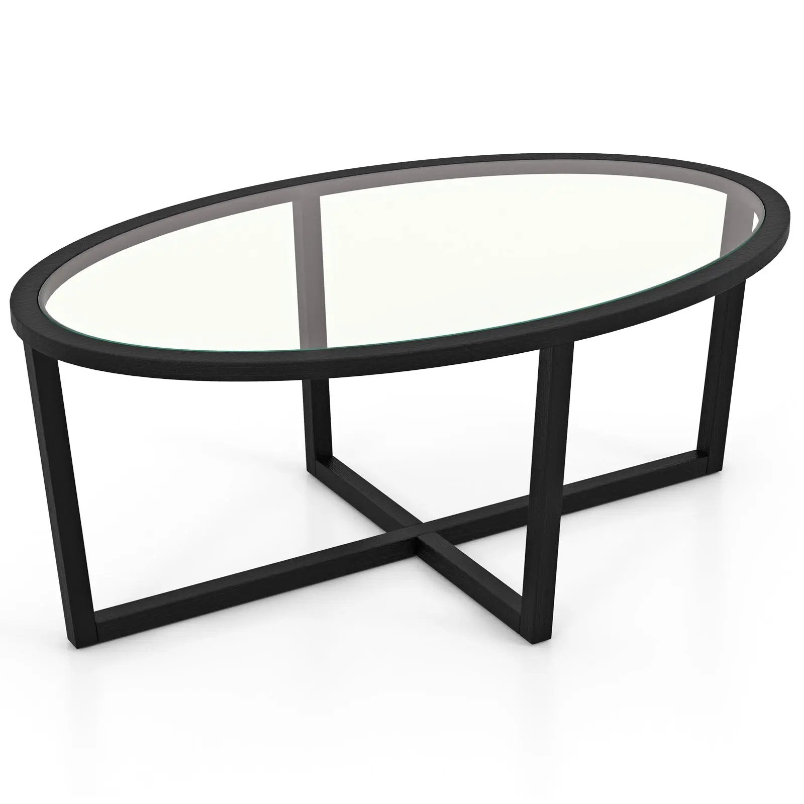 Glass Coffee Table Oval Living Room Table with Cross Base and Acacia Wood Legs-Black by DirectDeals