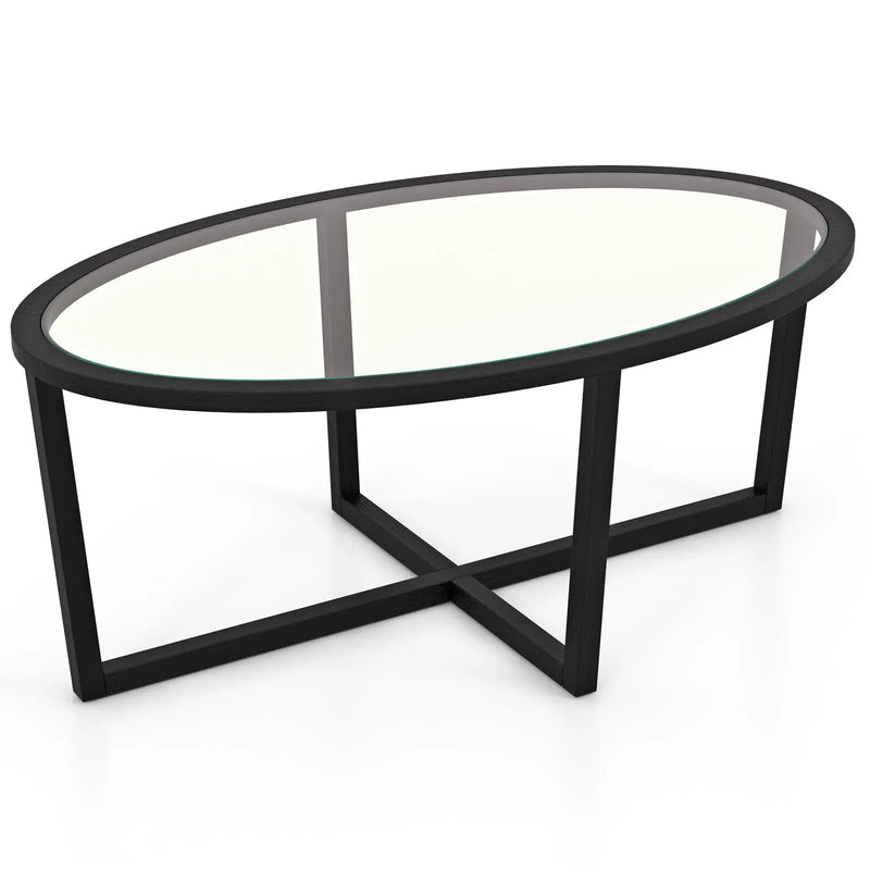 Glass Coffee Table Oval Living Room Table with Cross Base and Acacia Wood Legs-Black by DirectDeals