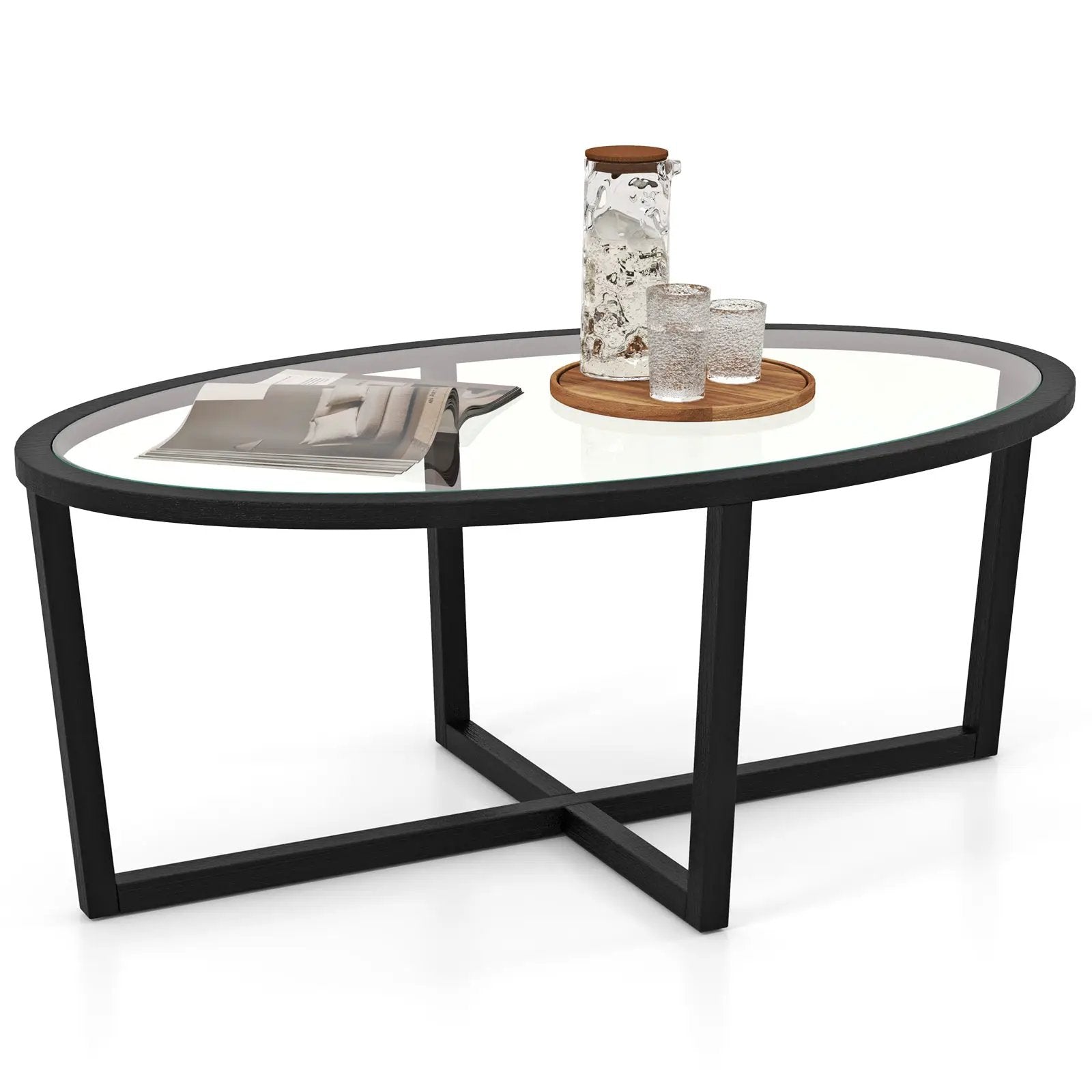 Glass Coffee Table Oval Living Room Table with Cross Base and Acacia Wood Legs-Black by DirectDeals