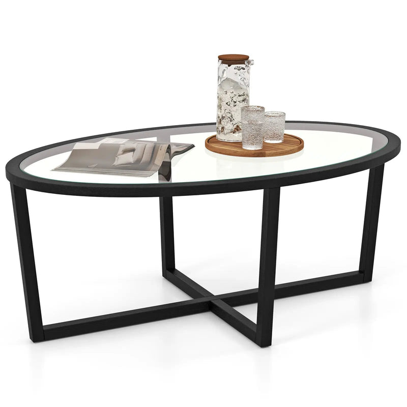 Glass Coffee Table Oval Living Room Table with Cross Base and Acacia Wood Legs-Black by DirectDeals