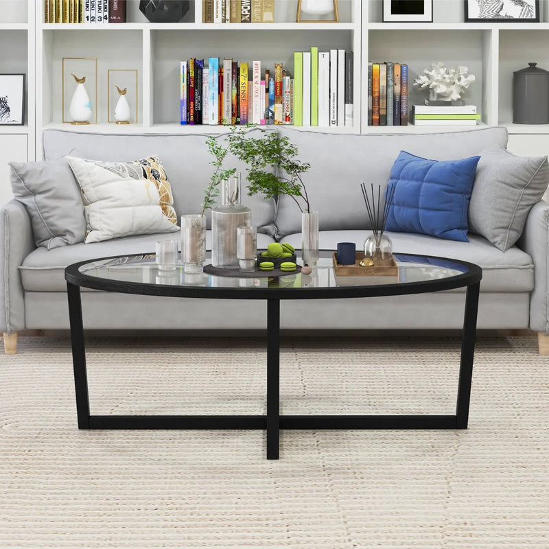 Glass Coffee Table Oval Living Room Table with Cross Base and Acacia Wood Legs-Black by DirectDeals