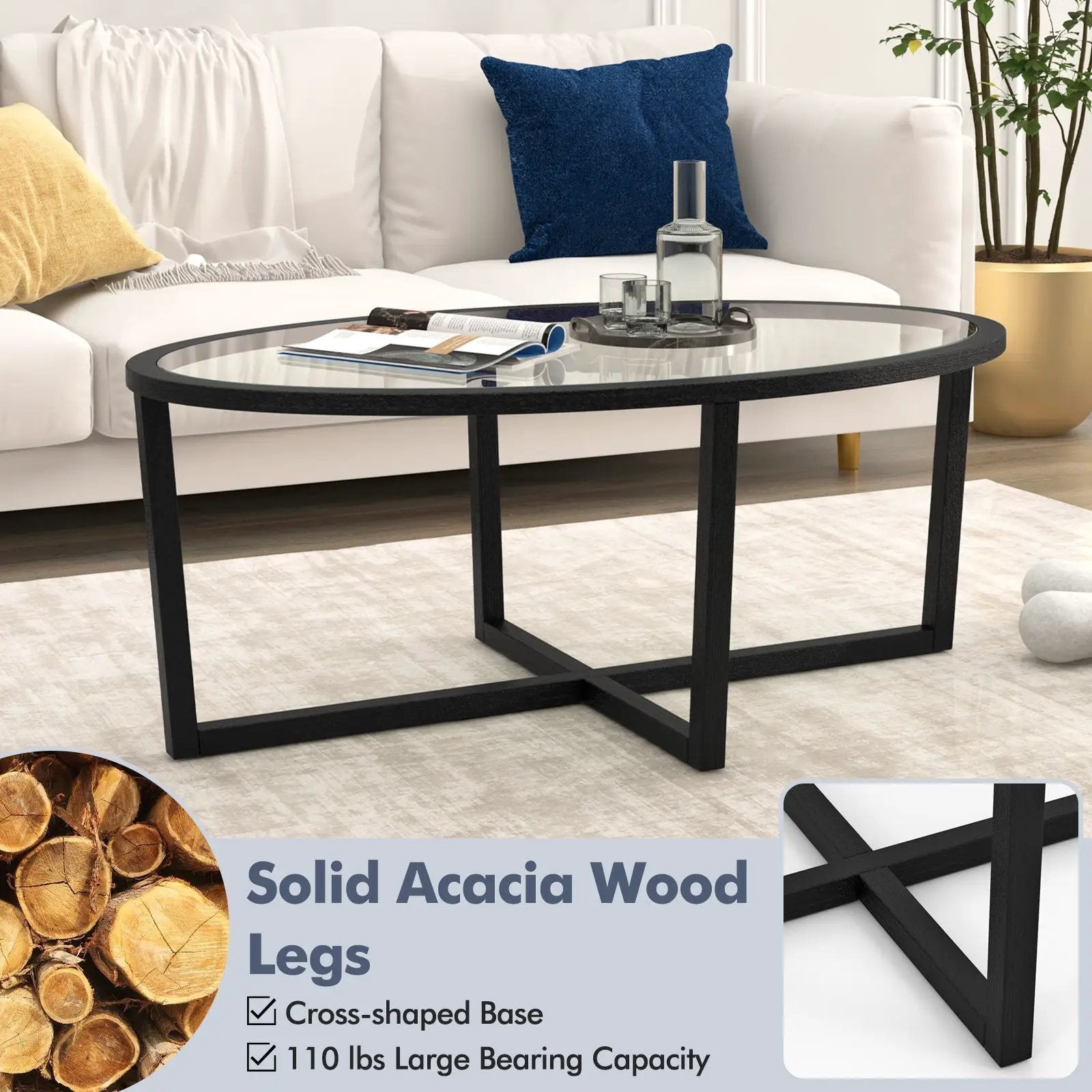 Glass Coffee Table Oval Living Room Table with Cross Base and Acacia Wood Legs-Black by DirectDeals