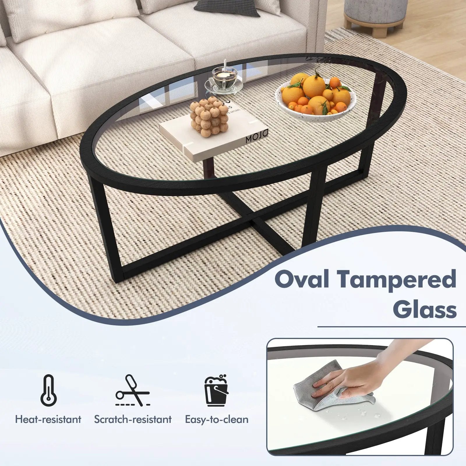 Glass Coffee Table Oval Living Room Table with Cross Base and Acacia Wood Legs-Black by DirectDeals
