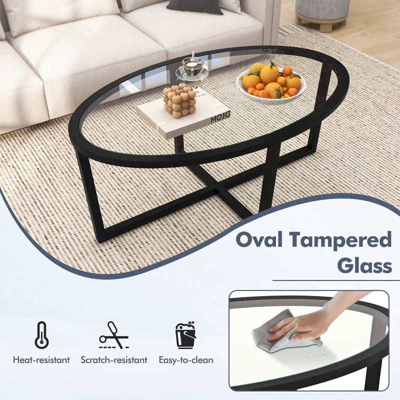 Glass Coffee Table Oval Living Room Table with Cross Base and Acacia Wood Legs-Black by DirectDeals