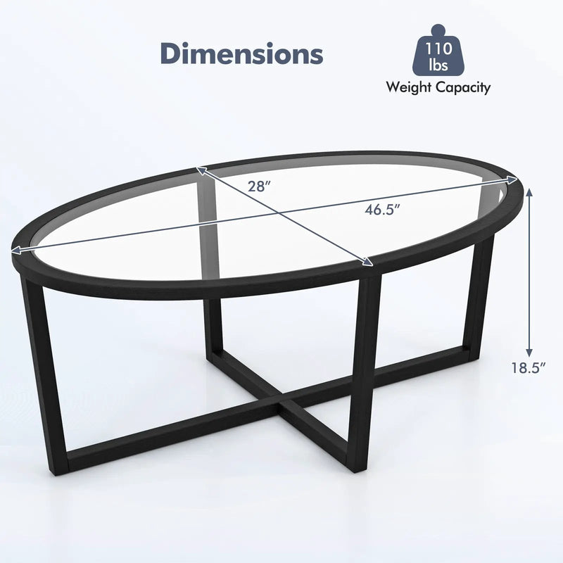 Glass Coffee Table Oval Living Room Table with Cross Base and Acacia Wood Legs-Black by DirectDeals
