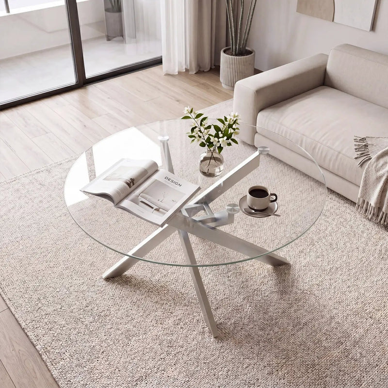 Glass Coffee Table Round Clear Center Table with Tempered Glass Top by DirectDeals