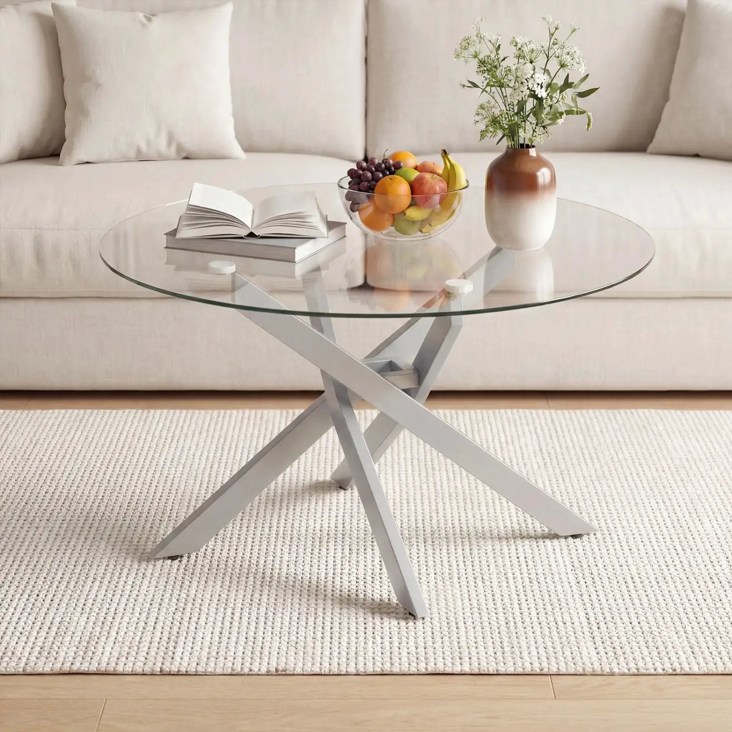 Glass Coffee Table Round Clear Center Table with Tempered Glass Top by DirectDeals