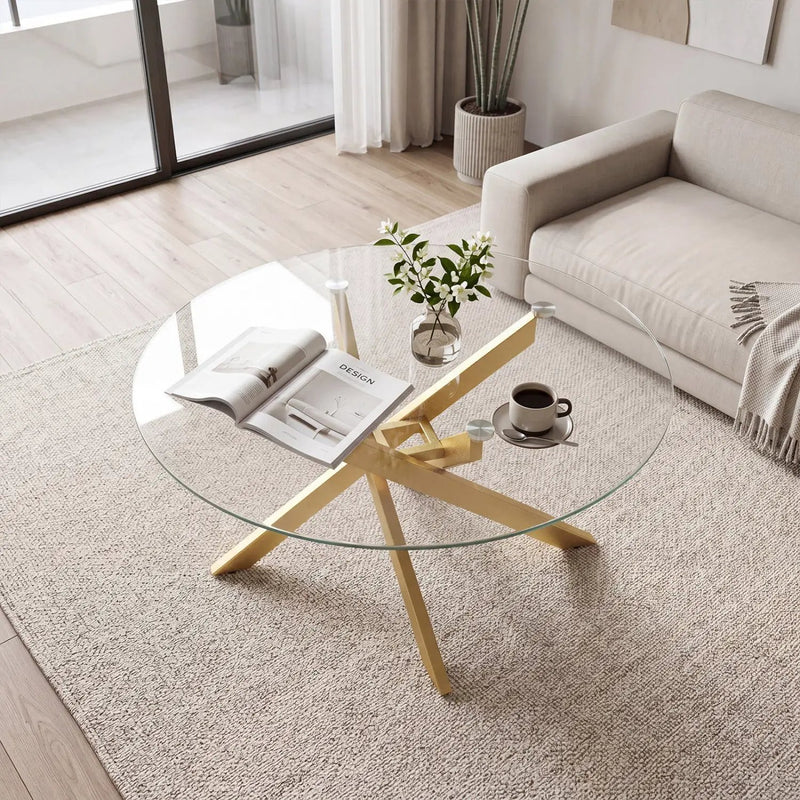 Glass Coffee Table Round Clear Center Table with Tempered Glass Top by DirectDeals