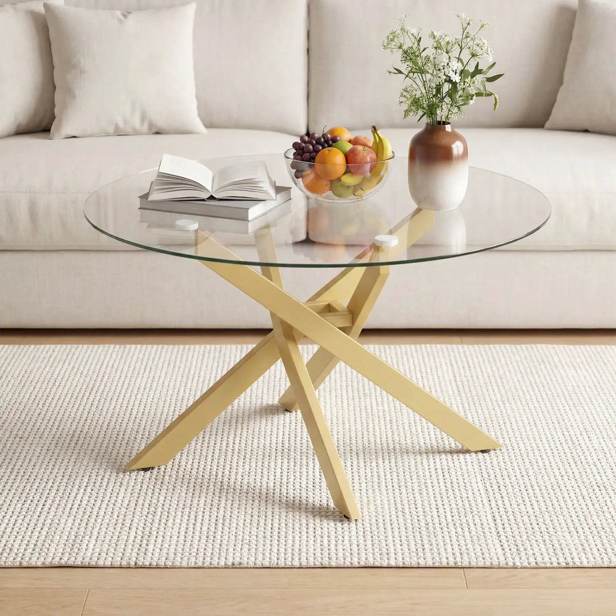 Glass Coffee Table Round Clear Center Table with Tempered Glass Top, photo 13 of 16