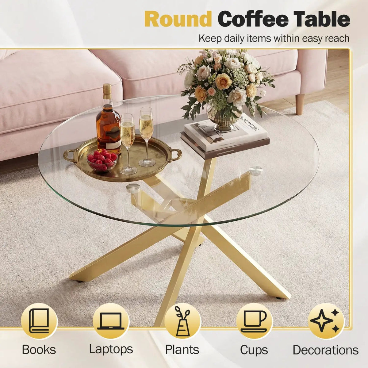 Glass Coffee Table Round Clear Center Table with Tempered Glass Top, photo 15 of 16