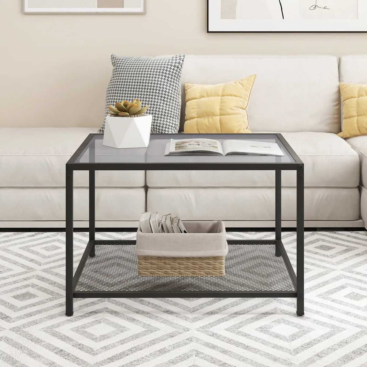 Modern 2-Tier Square Glass Coffee Table with Mesh Shelf, photo 2 of 9