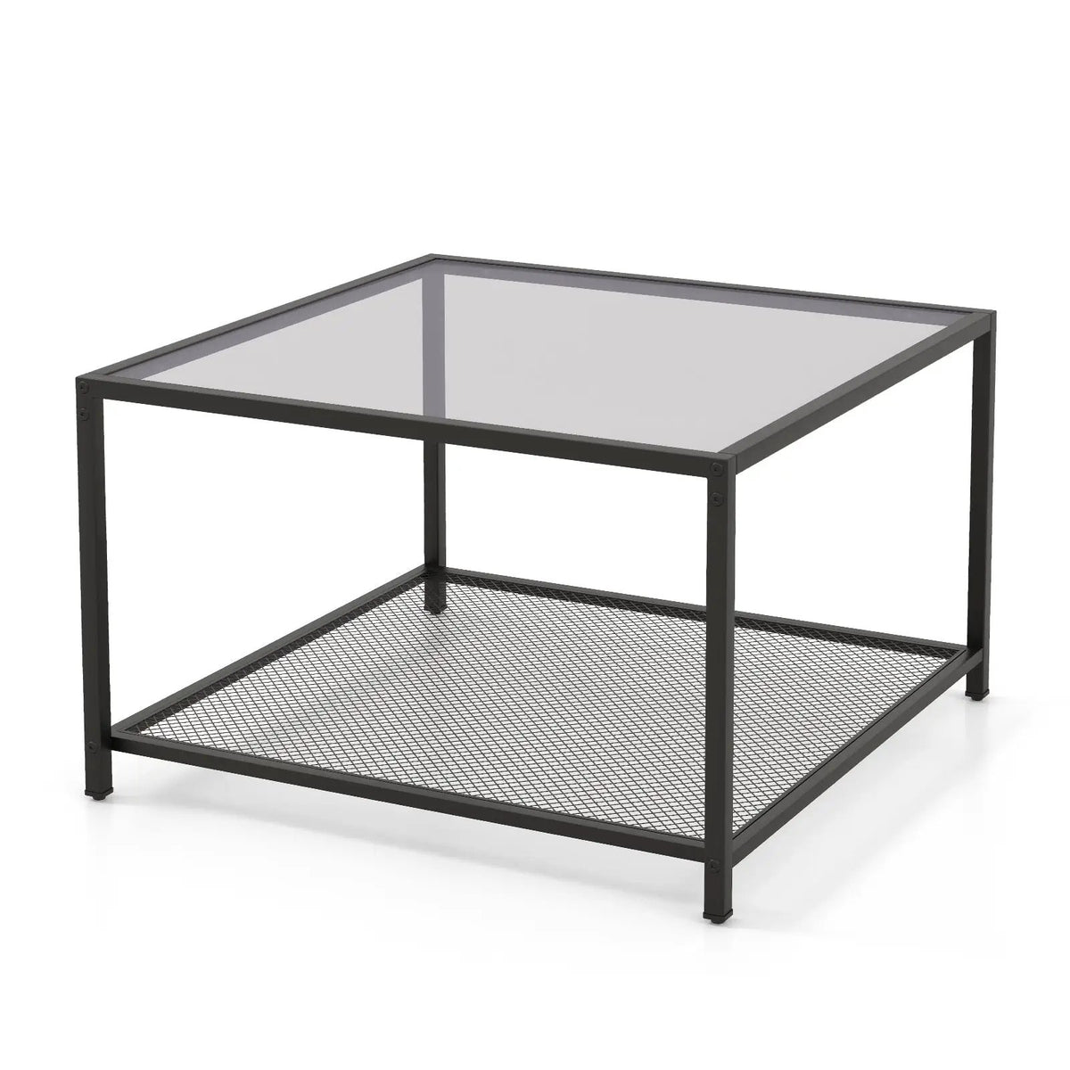 Modern 2-Tier Square Glass Coffee Table with Mesh Shelf, photo 4 of 9