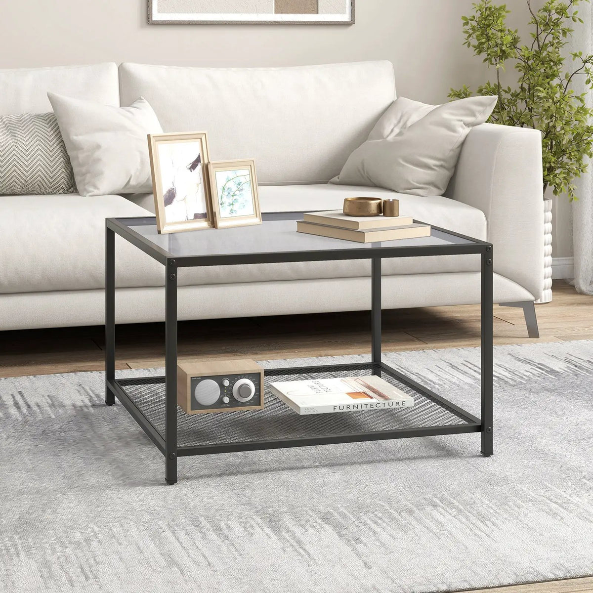 Modern 2-Tier Square Glass Coffee Table with Mesh Shelf, photo 6 of 9
