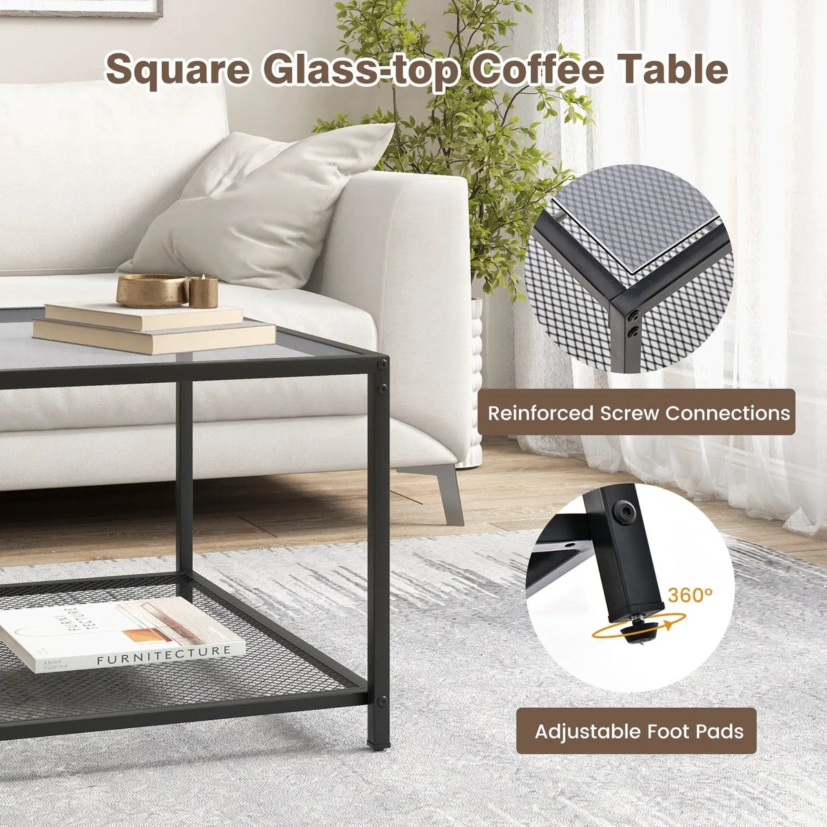 Modern 2-Tier Square Glass Coffee Table with Mesh Shelf, photo 7 of 9