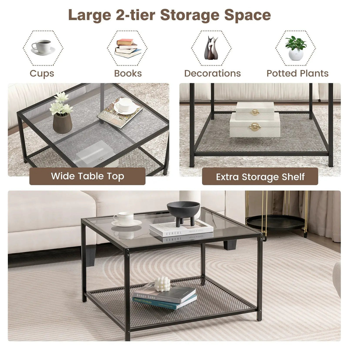 Modern 2-Tier Square Glass Coffee Table with Mesh Shelf, photo 8 of 9