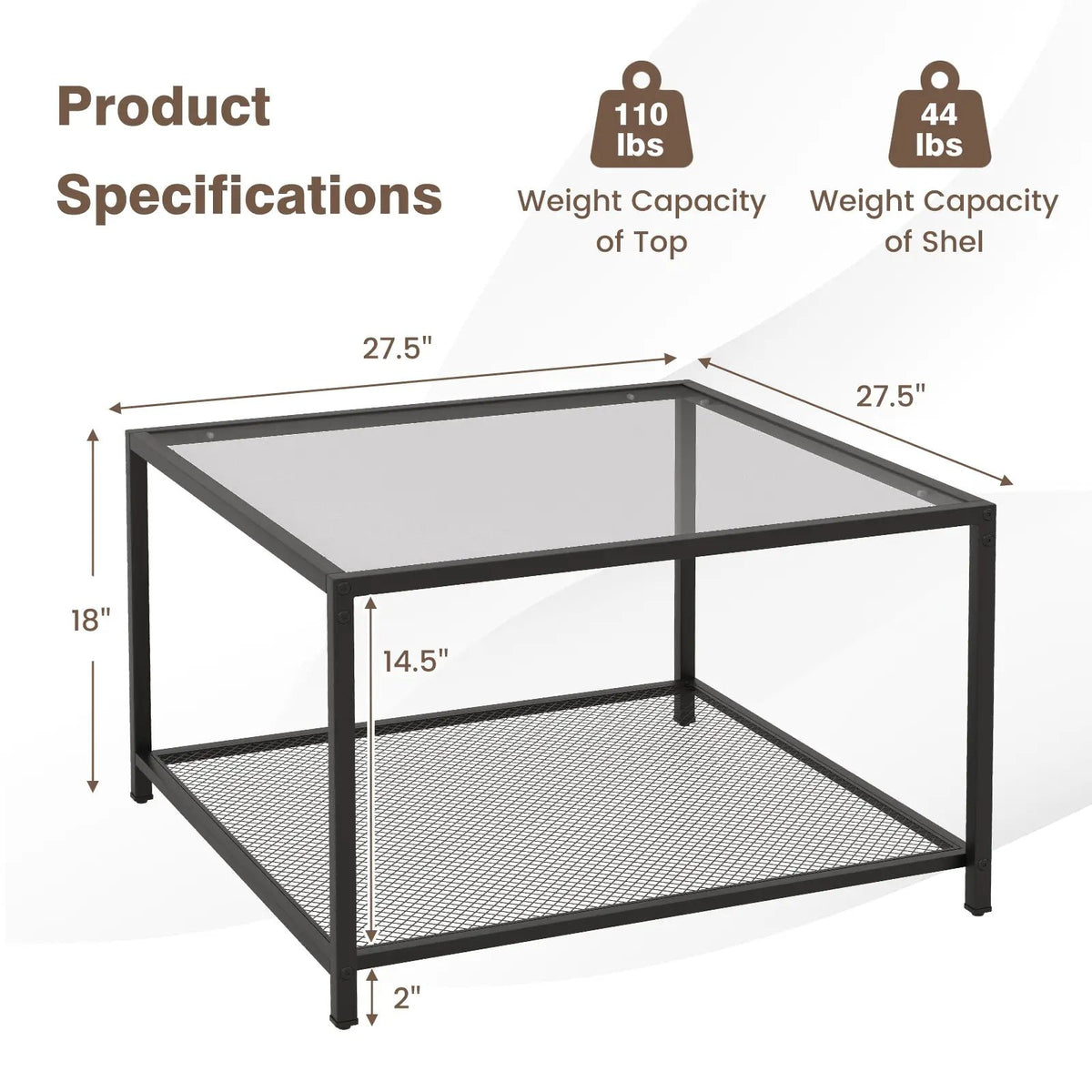 Modern 2-Tier Square Glass Coffee Table with Mesh Shelf, photo 5 of 9