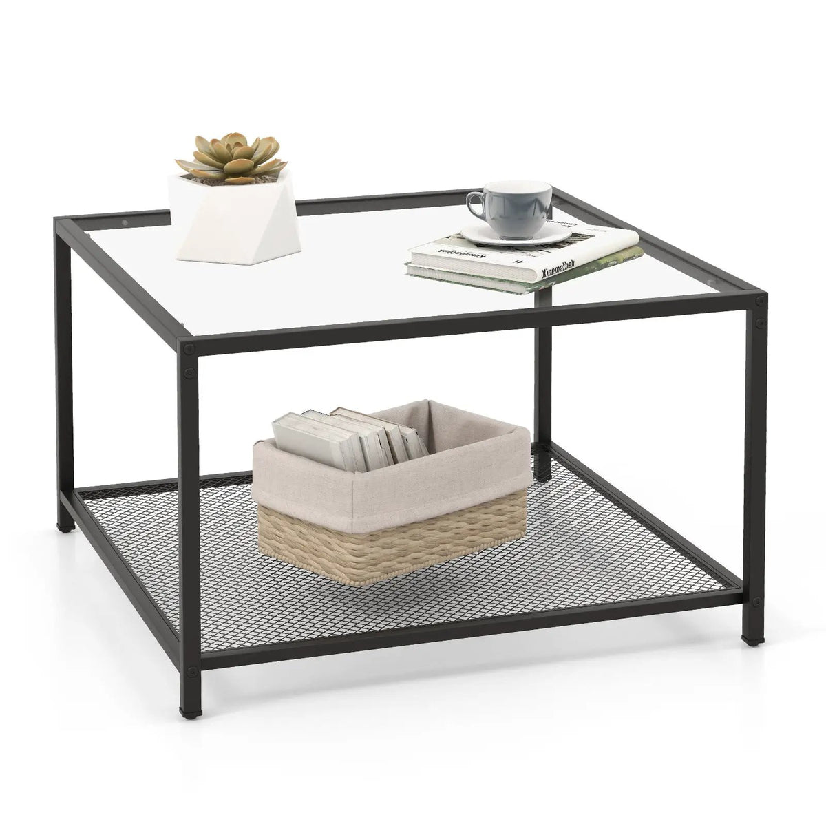 Modern 2-Tier Square Glass Coffee Table with Mesh Shelf, photo 9 of 9