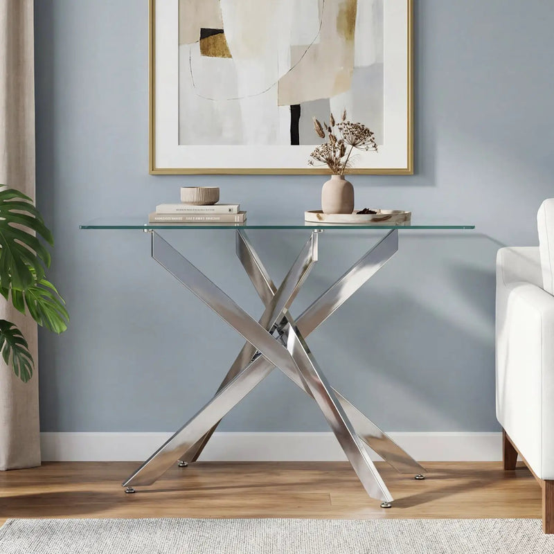 Glass Console Table Modern Entryway Table with Clear Tempered Glass Top-Silver by DirectDeals