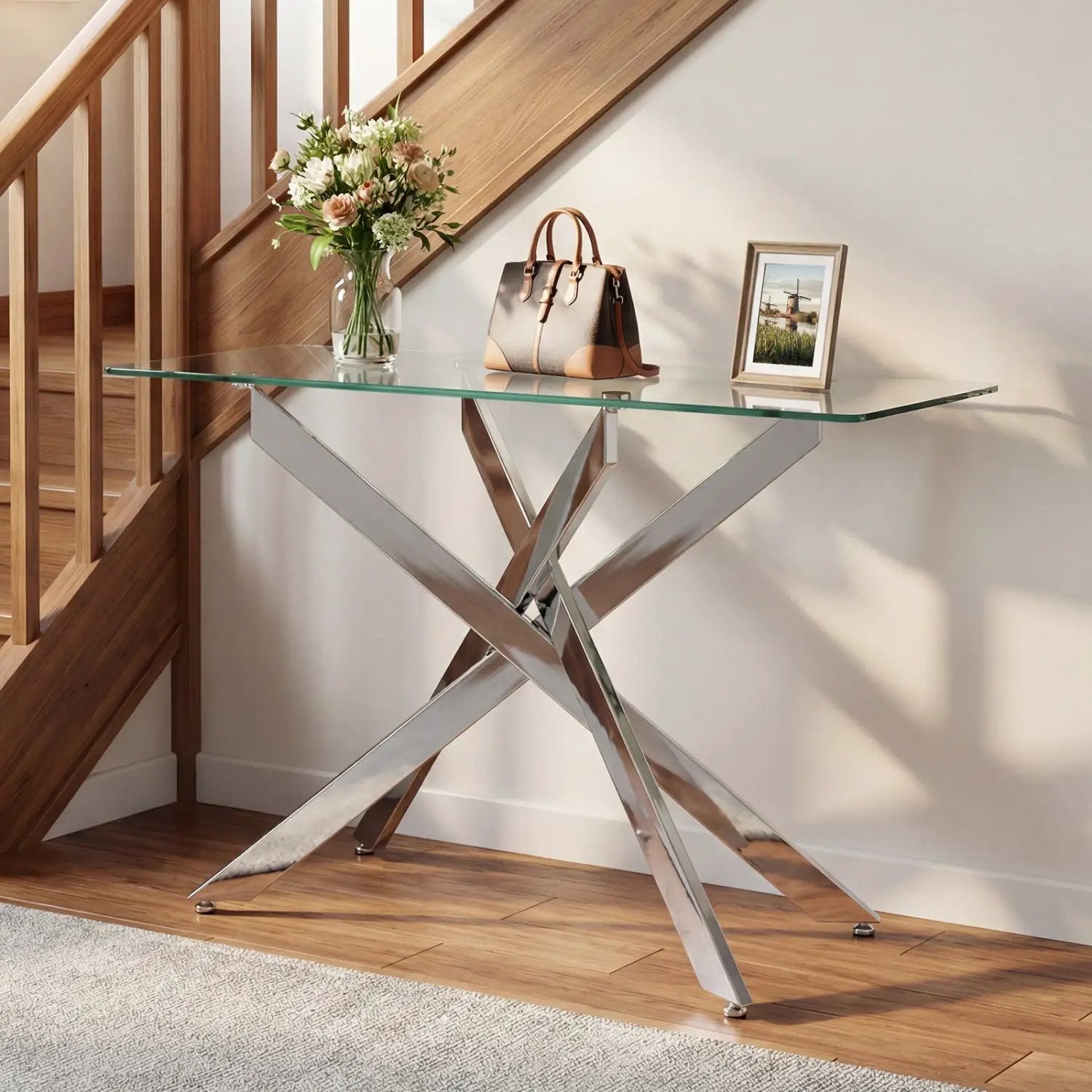 Glass Console Table Modern Entryway Table with Clear Tempered Glass Top-Silver by DirectDeals