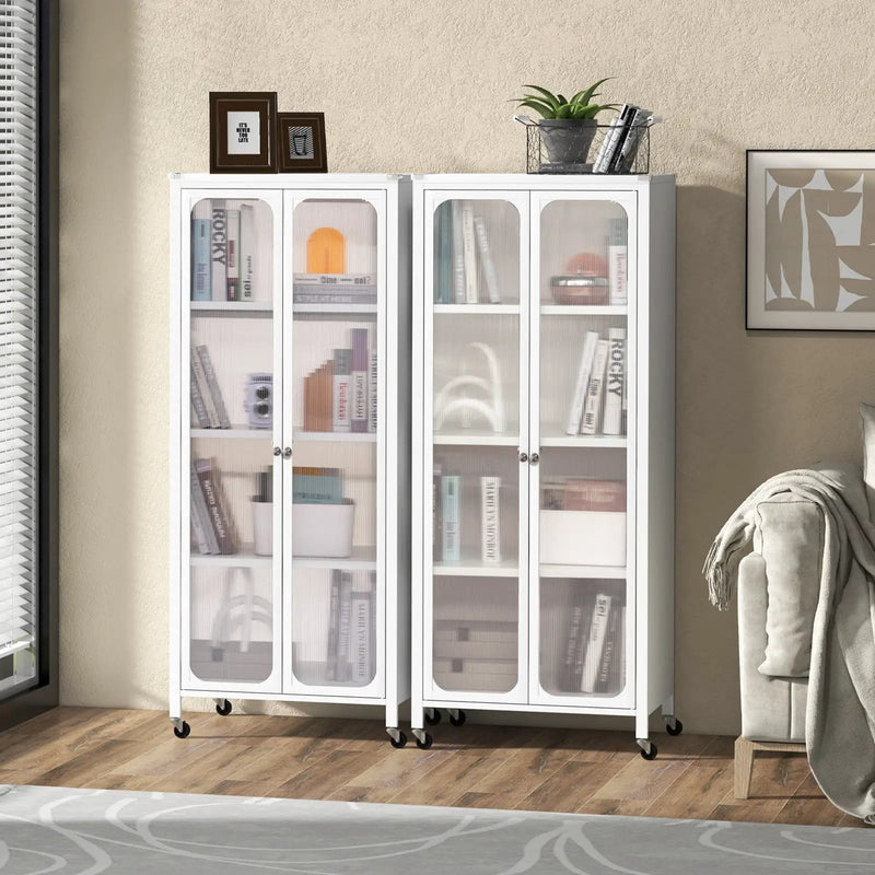 Glass Doors Storage Cabinet with Wheels and Adjustable Shelves-White by DirectDeals