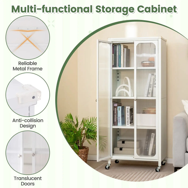 Glass Doors Storage Cabinet with Wheels and Adjustable Shelves-White by DirectDeals