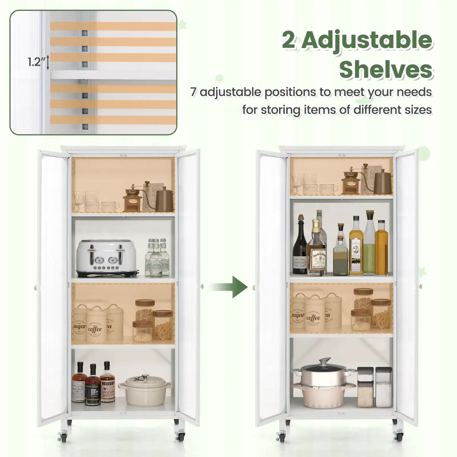 Glass Doors Storage Cabinet with Wheels and Adjustable Shelves-White by DirectDeals