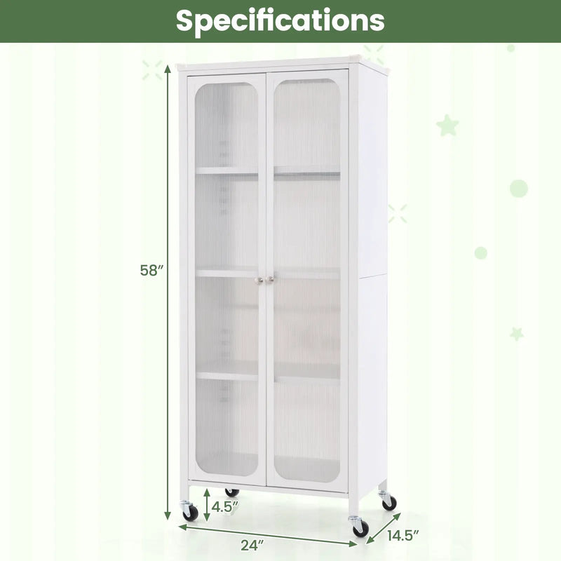 Glass Doors Storage Cabinet with Wheels and Adjustable Shelves-White by DirectDeals