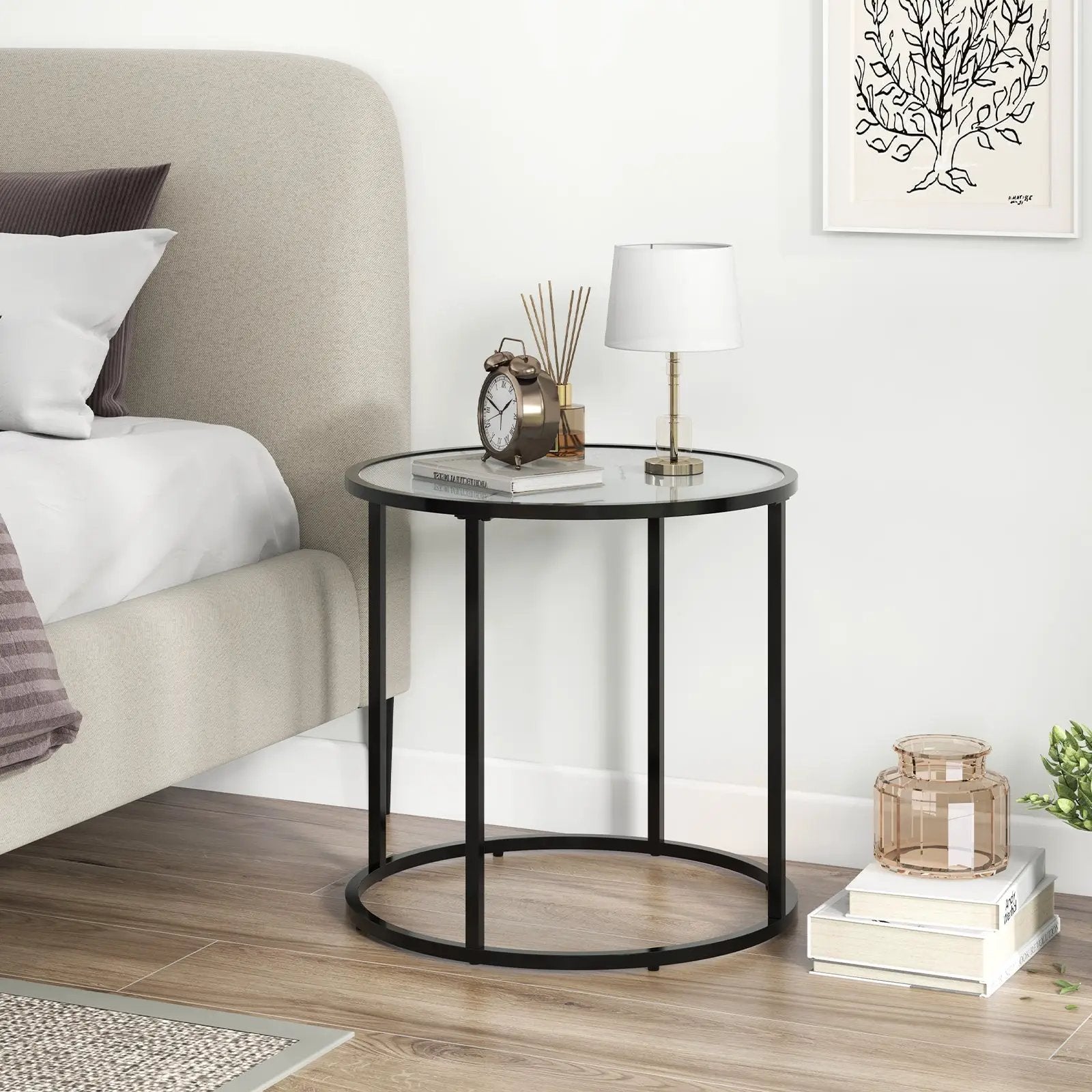 20 Inch Glass End Table with Metal Frame and Faux Marble Glass Top-Black and White by DirectDeals