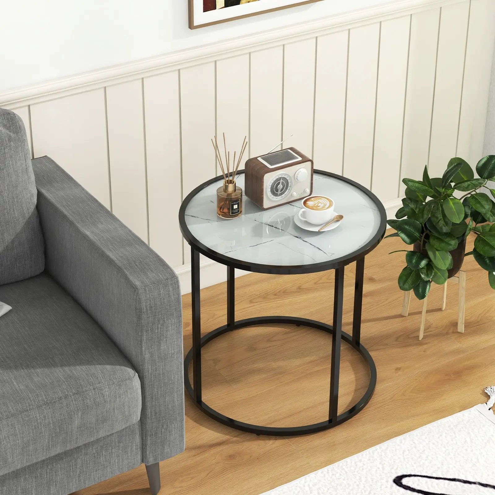 20 Inch Glass End Table with Metal Frame and Faux Marble Glass Top-Black and White by DirectDeals