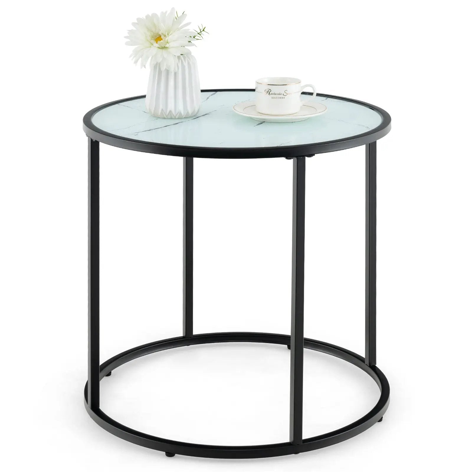 20 Inch Glass End Table with Metal Frame and Faux Marble Glass Top-Black and White by DirectDeals