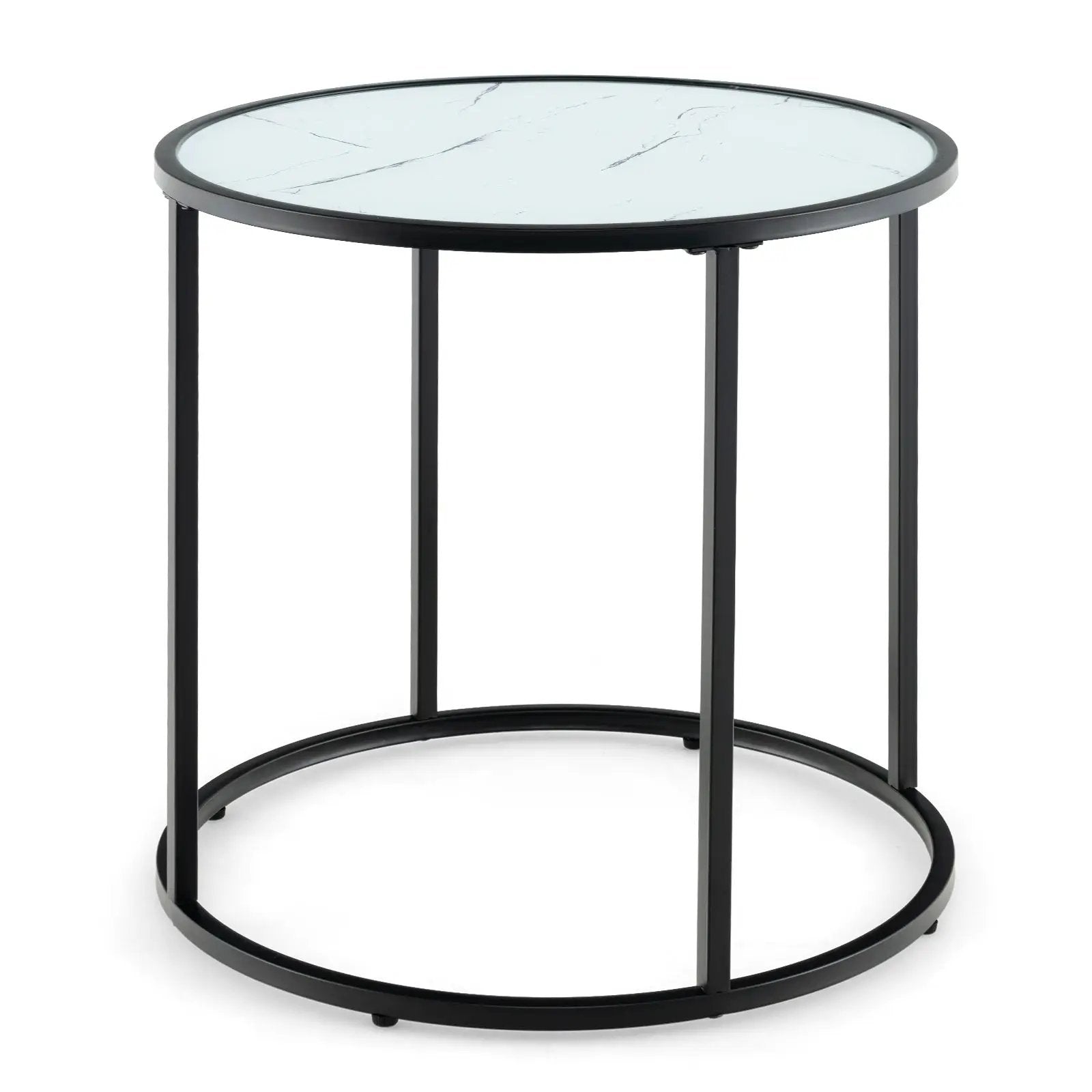 20 Inch Glass End Table with Metal Frame and Faux Marble Glass Top-Black and White by DirectDeals