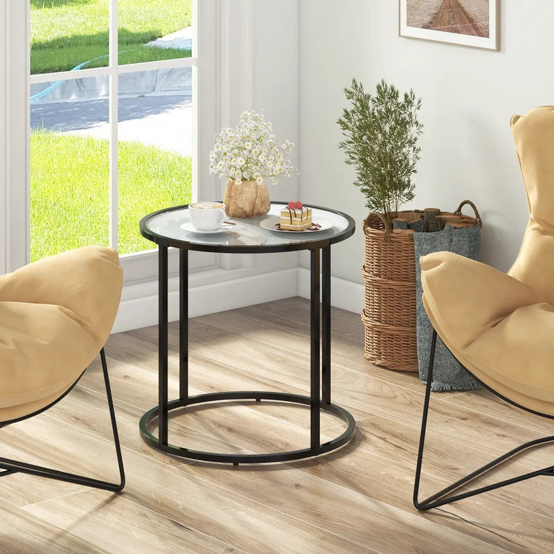 20 Inch Glass End Table with Metal Frame and Faux Marble Glass Top-Black and White by DirectDeals