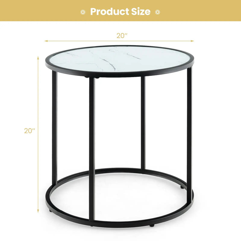 20 Inch Glass End Table with Metal Frame and Faux Marble Glass Top-Black and White by DirectDeals