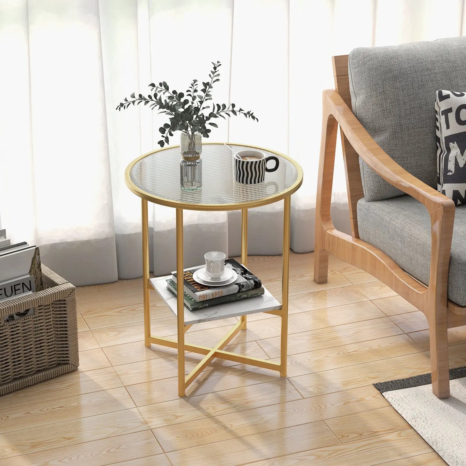 2-Tier Glass End Table Set of 2 with Faux Marble Storage Shelf-White by DirectDeals