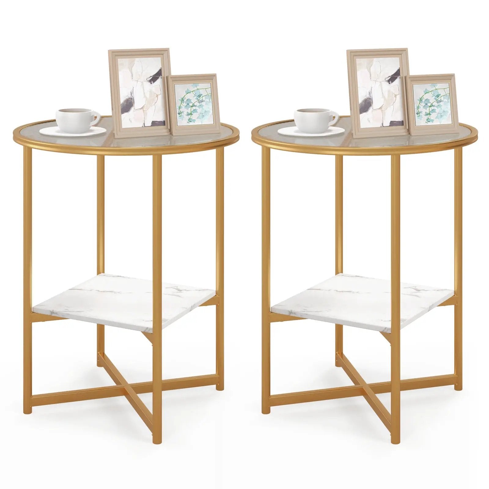 2-Tier Glass End Table Set of 2 with Faux Marble Storage Shelf-White by DirectDeals