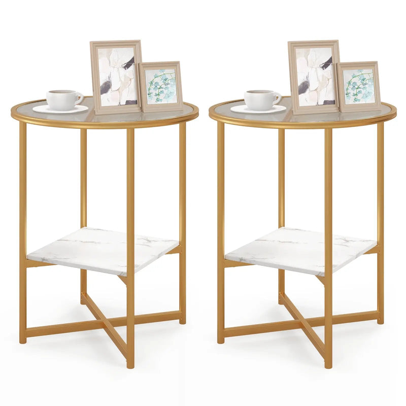 2-Tier Glass End Table Set of 2 with Faux Marble Storage Shelf-White by DirectDeals