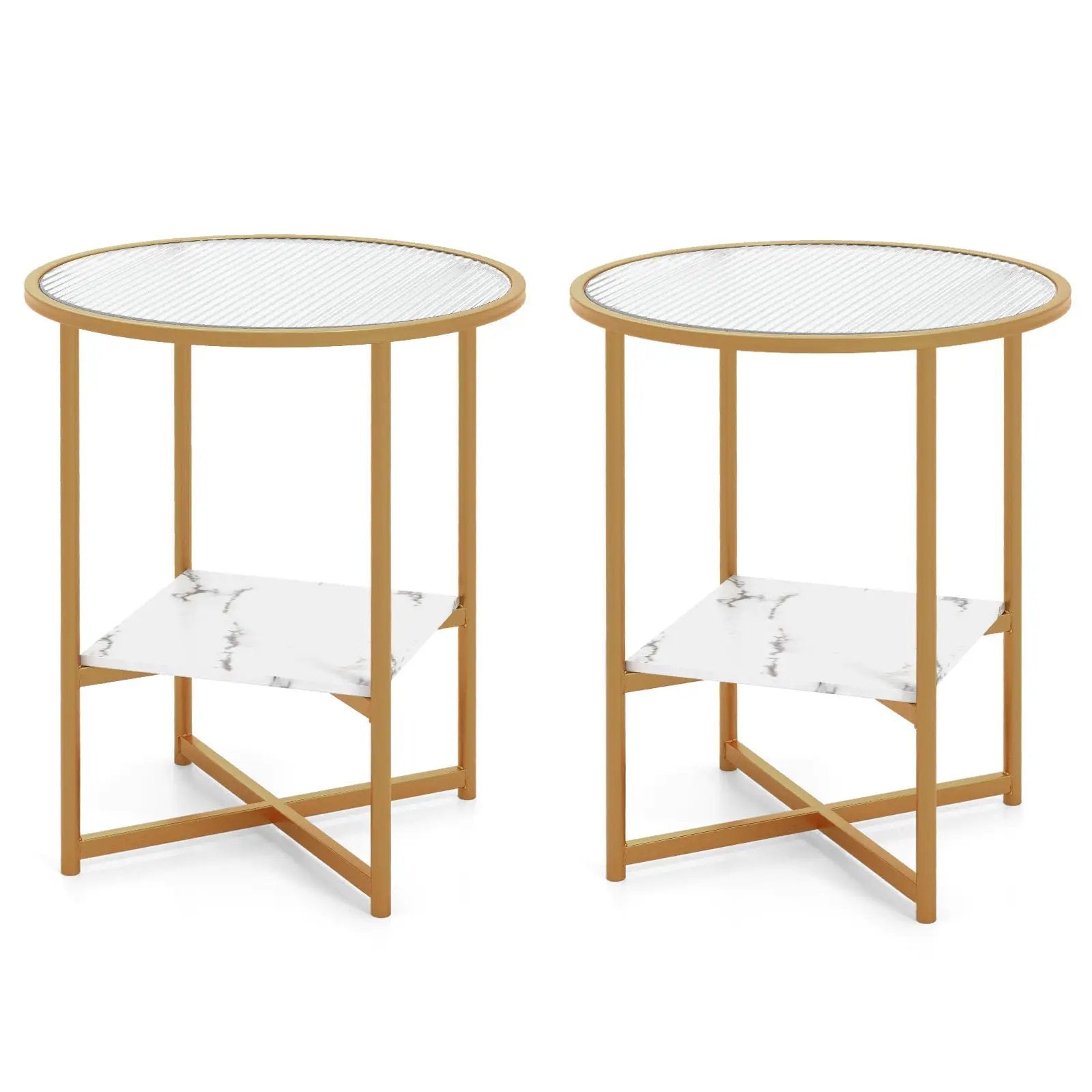 2-Tier Glass End Table Set of 2 with Faux Marble Storage Shelf-White by DirectDeals