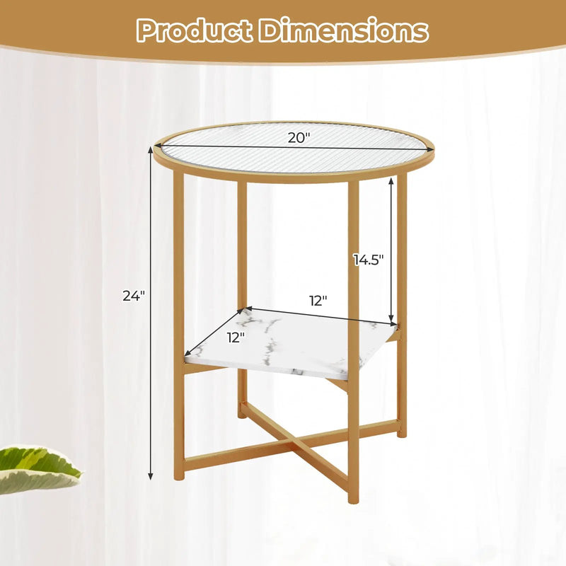 2-Tier Glass End Table Set of 2 with Faux Marble Storage Shelf-White by DirectDeals