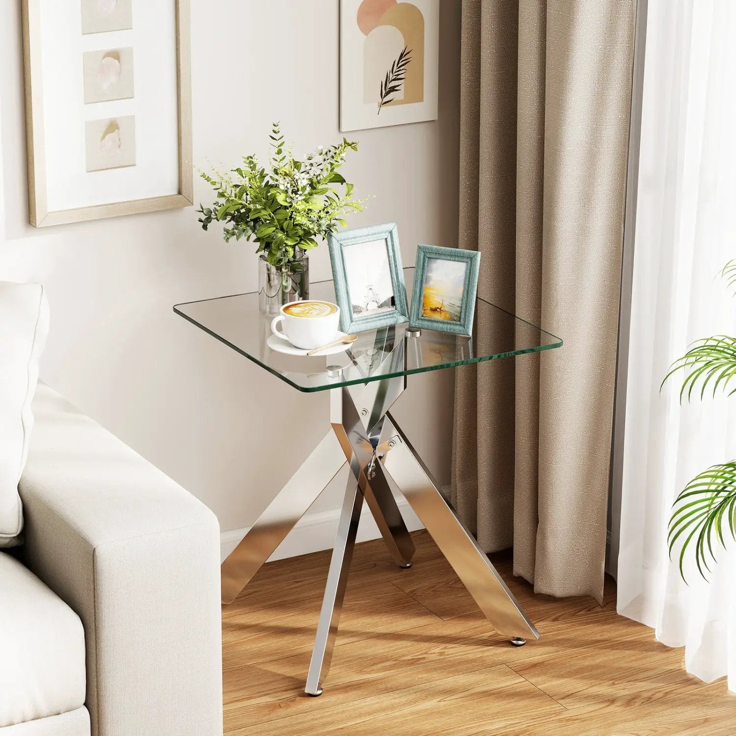 Glass Side Table Square End Table with Tempered Glass Top and Metal X Base-Silver by DirectDeals