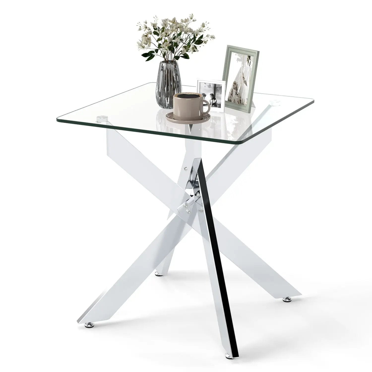 Glass Side Table Square End Table with Tempered Glass Top and Metal X Base-Silver by DirectDeals