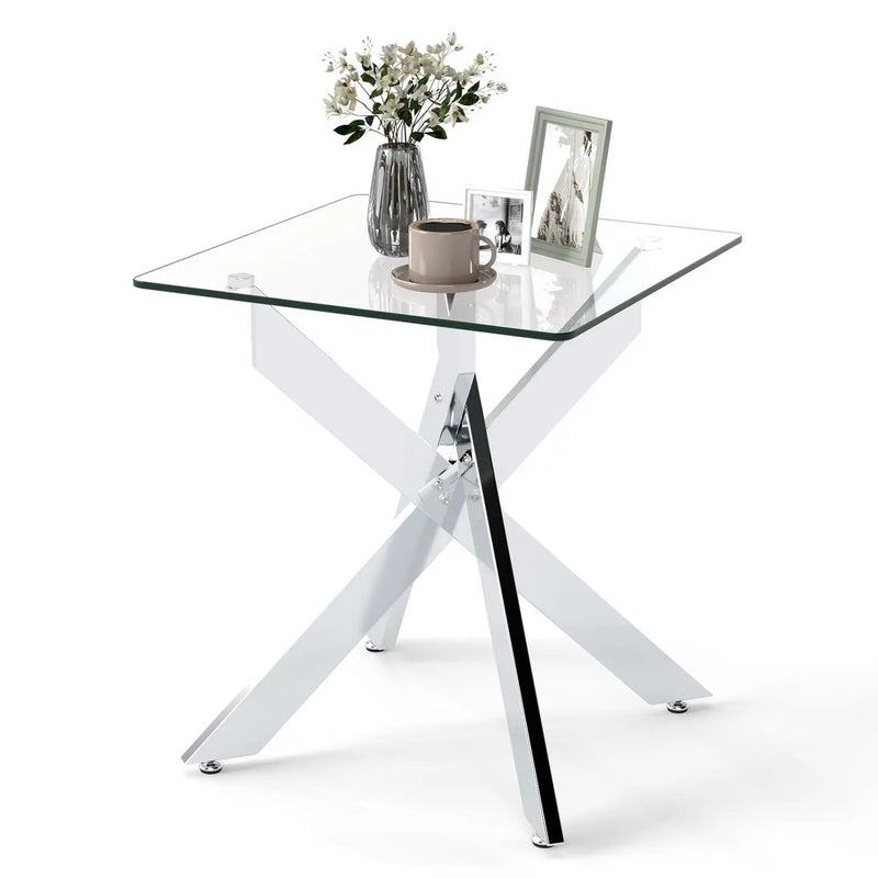 Glass Side Table Square End Table with Tempered Glass Top and Metal X Base-Silver by DirectDeals