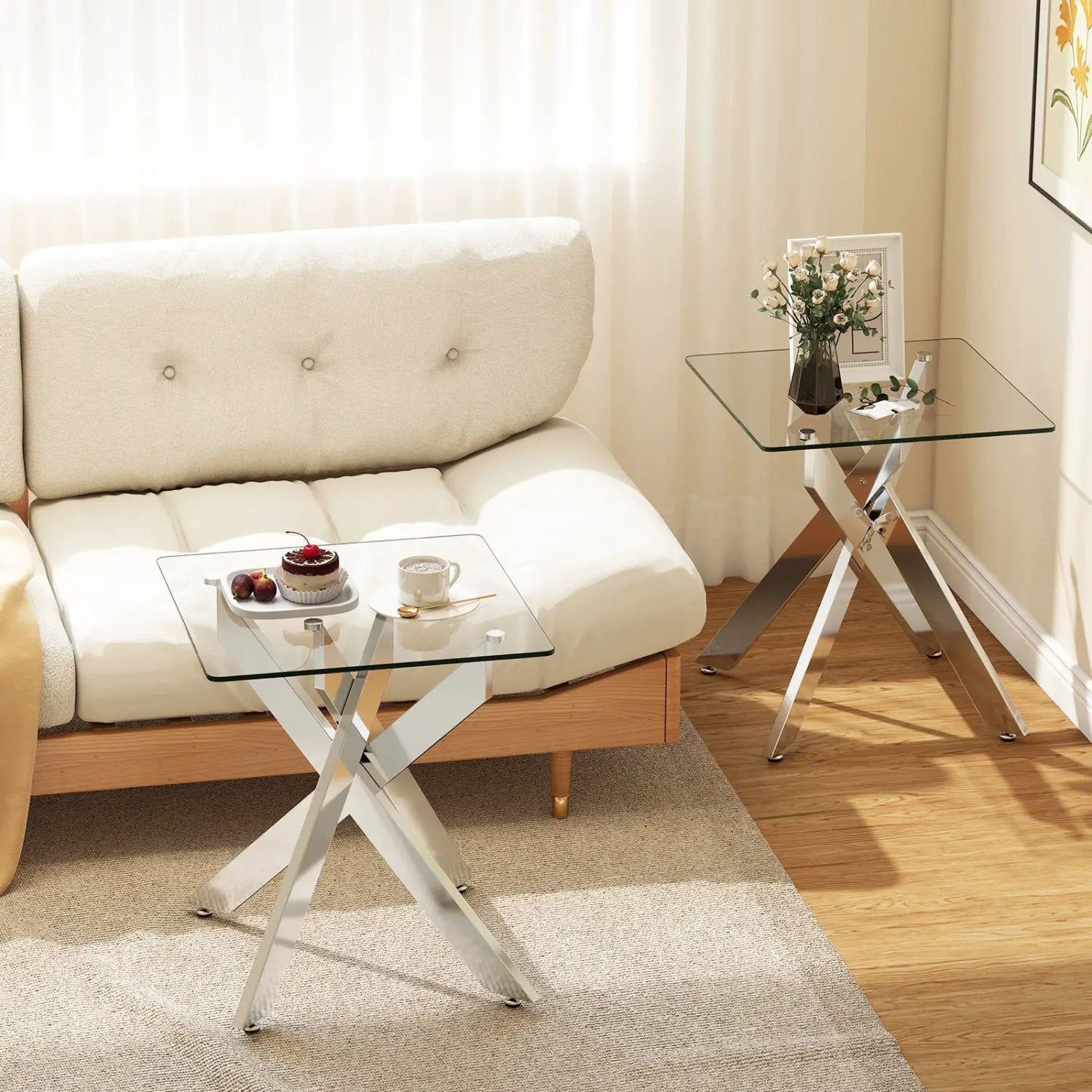 Glass Side Table Square End Table with Tempered Glass Top and Metal X Base-Silver by DirectDeals