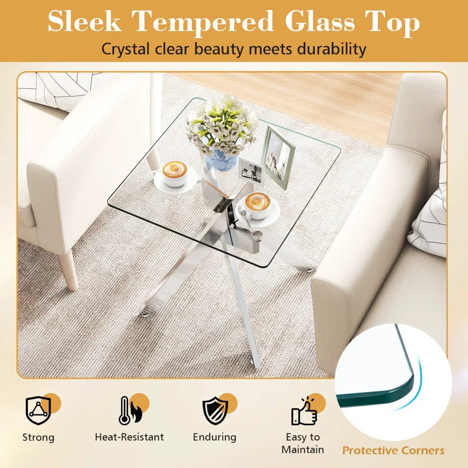 Glass Side Table Square End Table with Tempered Glass Top and Metal X Base-Silver by DirectDeals