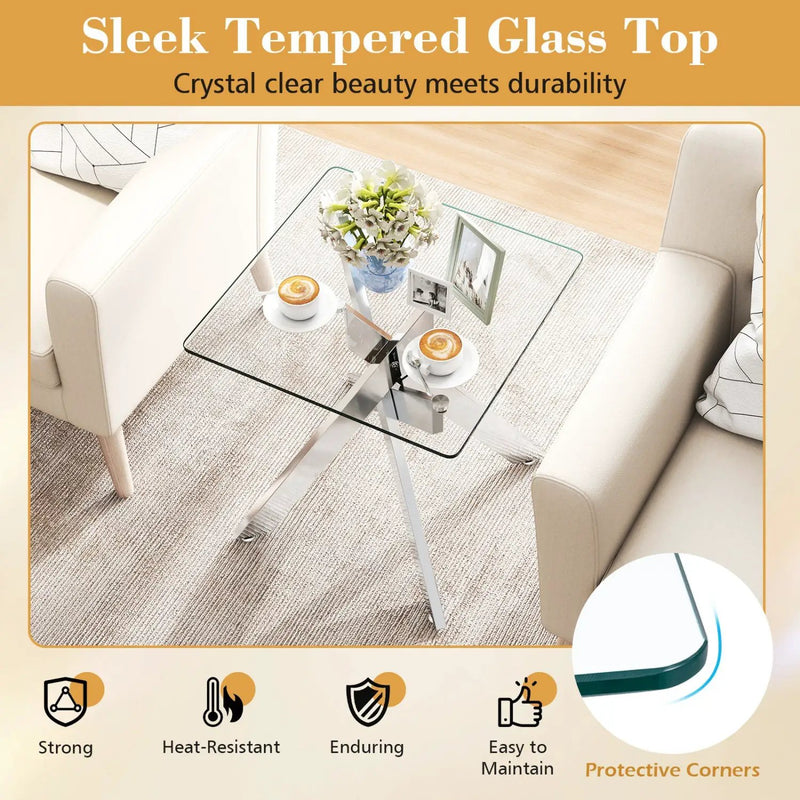 Glass Side Table Square End Table with Tempered Glass Top and Metal X Base-Silver by DirectDeals
